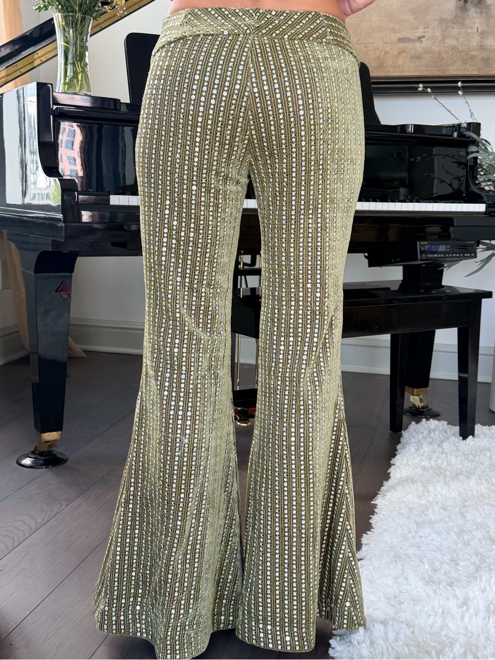 Free People Olive Green Metallic Flare Pants